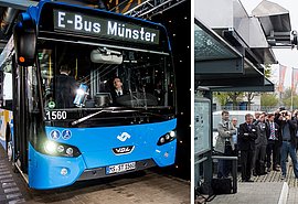 E-Bus auf der linken Bildseite, rechts fotografierende Projektteilnehmer.